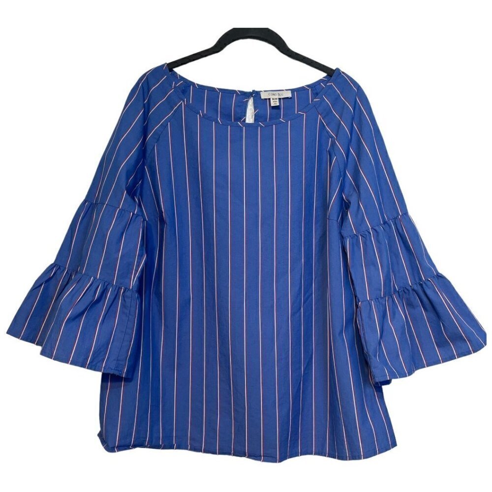 Como Blu Nautical Coastal Blue Red White Stripe Bell Sleeve Top Size Medium